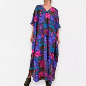Vintage Winlar Satin Kaftan Boubou Maxi Dress Blue Pink Purple V-neck, One Size